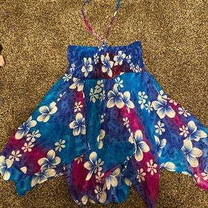 Hawaii Dress- vibrant blue and magenta.  Asymmetrical.  Ties around neck.